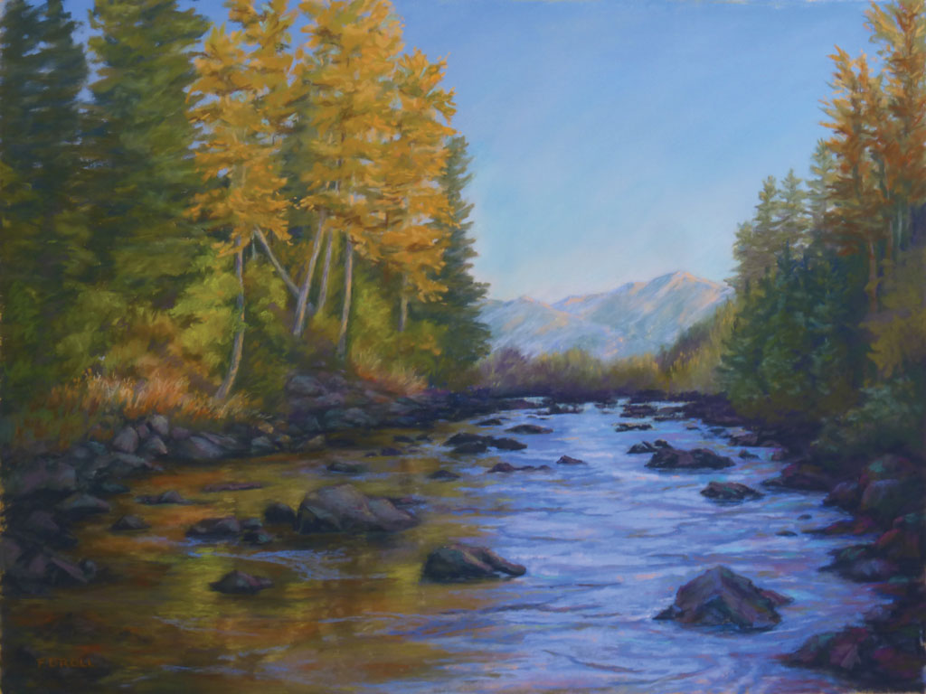 Original pastel painting by Francesca Droll of the Swan River in northwest Montana