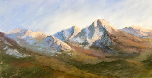 An original pastel painting by Francesca Droll of the Mission Mountains in northwest Montana
