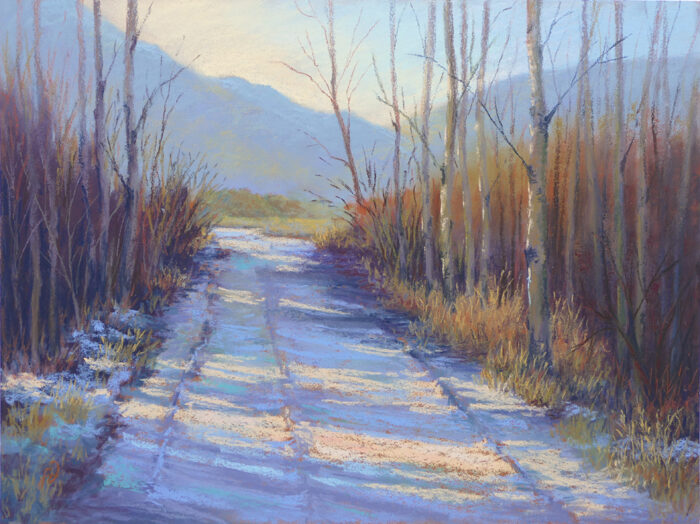A pastel painting by Francesca Droll titled Early Winter at the Swan Wildlife Refuge