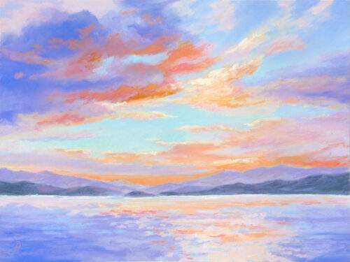 A pastel painting by Francesca Droll titled Flathead Lake Evening