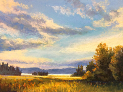 Pastel painting of the north shore of Flathead Lake in Montana.