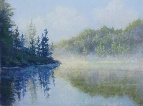 An original pastle painting by Francesca Droll of Horseshoe Lake in northwest Montana
