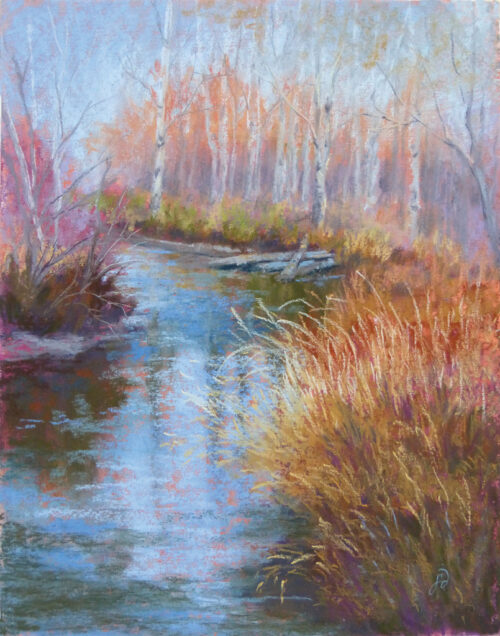 An original pastle painting by Francesca Droll of Ashley Creek in northwest Montana
