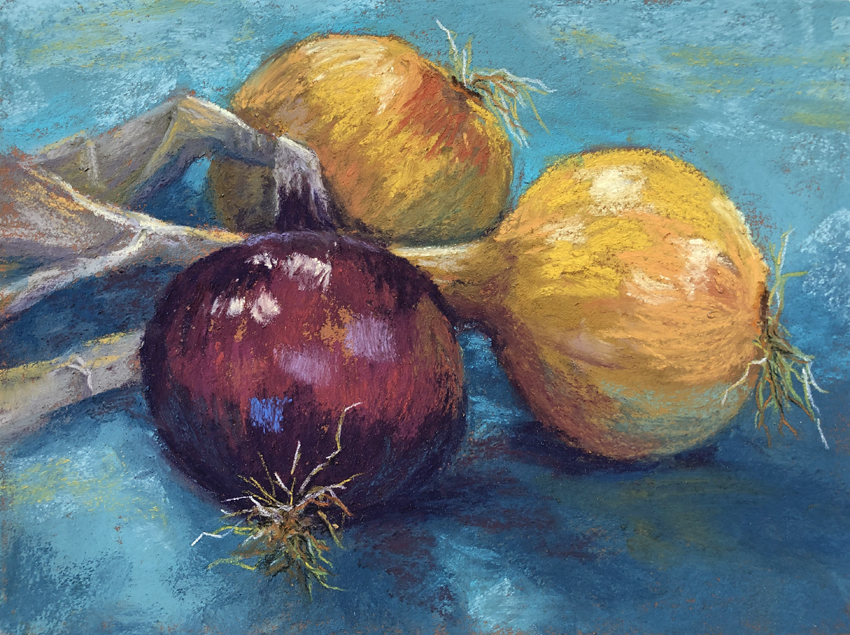 Photo of painting of a trio of onions.