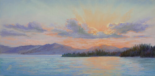 Photo of pastel painting of a sunset on Flathead Lake.