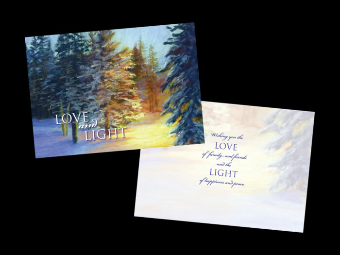 Photo of a holiday notecard depicting a pastel painting