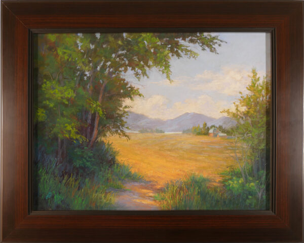 Pastel painting of meadow on the north end of Flathead Lake in Montana.
