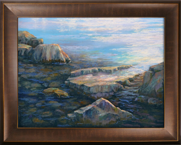 Pastel painting of rocks in Flathead Lake. Framed.