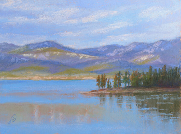 Pastel painting of Flathead Lake and Yenne Point.