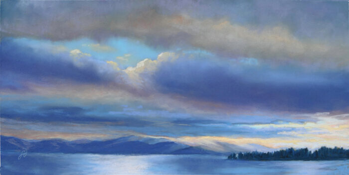 Pastel painting of Flathead Lake with sunlight breaking through.