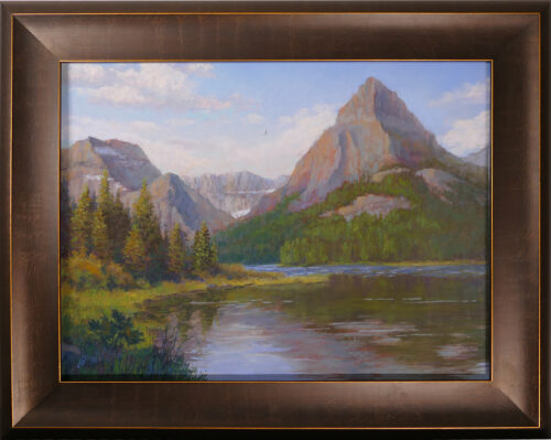 Photo of pastel painting with frame of Glacier National Park.
