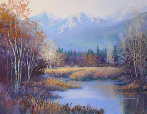 Pastel painting of the north shore of Flathead Lake with the autumn golds and oranges.