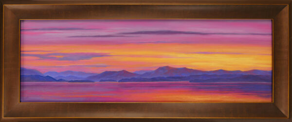 Pastel painting of Flathead Lake during a sunset.