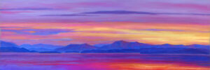 Pastel painting of Flathead Lake during sunset.