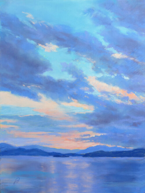 Pastel painting of a sunset over Big Arm on Flathead Lake, Montana.