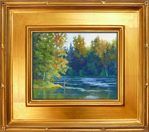 Photo of a pastel painting of someone fishing on the Swan River with frame.