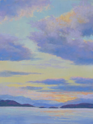 Photo of a painting of a Flathead Lake sunset.