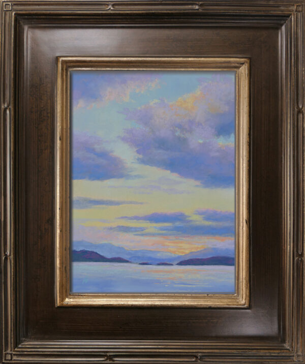 Photo of a pastel painting of a Flathead Lake sunset with frame.