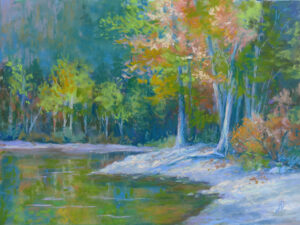 Photo of a painting of lakeside trees in pastel.