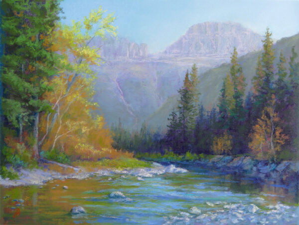 Photo of a pastel painting of McDonald Creek in Glacier National Park.