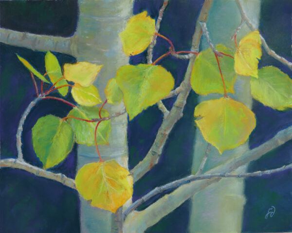 Photo of a pastel painting of a closeup of aspen branches and trunks.