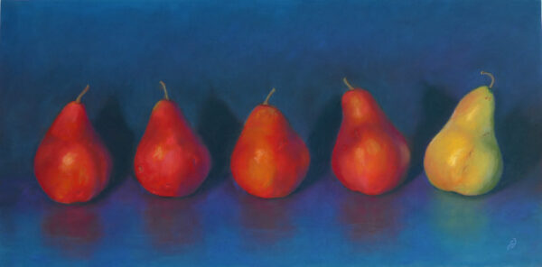 Photo of a pastel painting of a lineup of five pears.