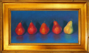 Photo of a pastel painting of a lineup of five pears with frame.