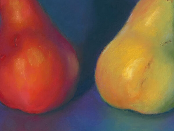 Photo of a detail of the pastel painting titled “Pear Panoply”.