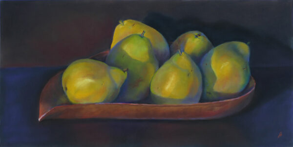 Photo of a pastel painting of a wooden tray of pears.