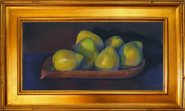 Photo of a pastel painting of a wooden tray of pears.