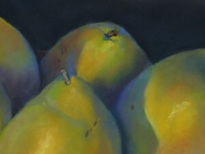 A detail of an original pastel painting of a wooden tray of pears.