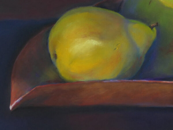 A detail of an original pastel painting of a wooden tray of pears.