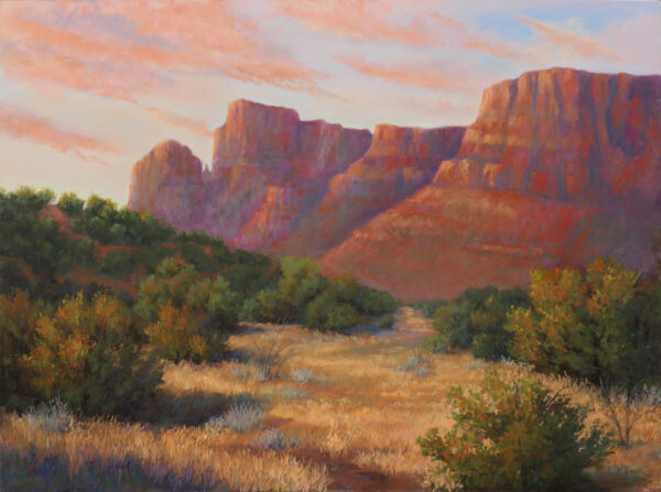 Photo of a pastel painting of the Sedona landscape in the late afternoon light.