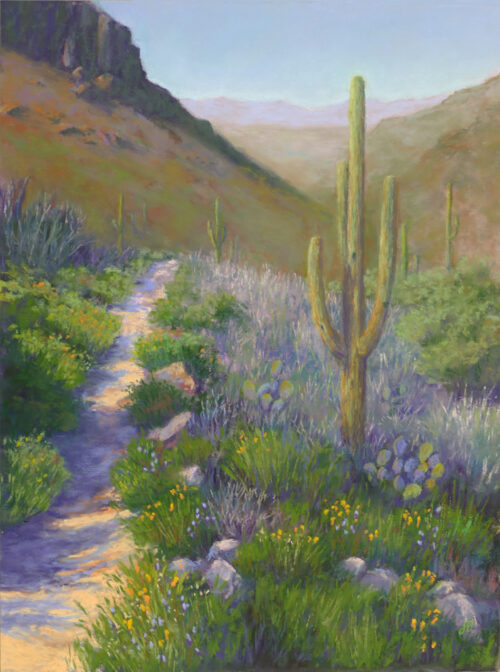 Photo of a pastel painting of the spring bloom in Sabino Canyon.