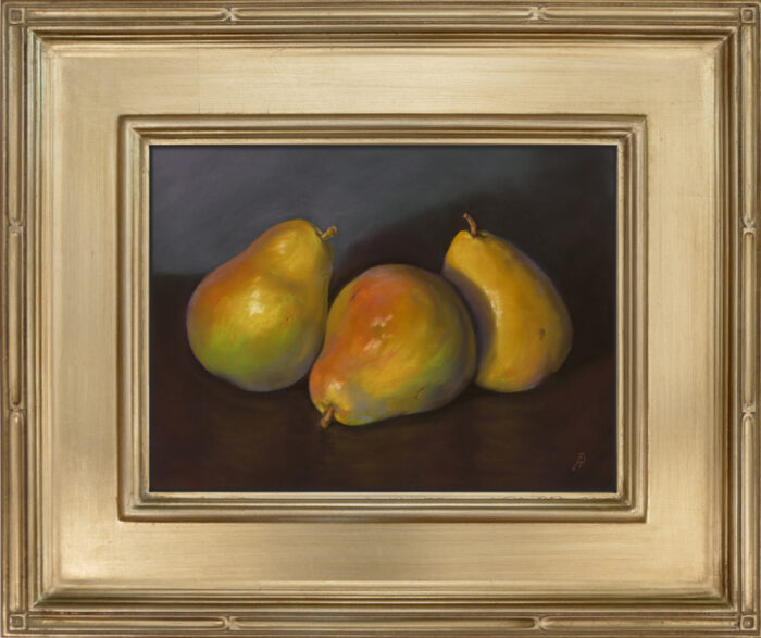 Photo of a pastel painting of a threesome of pears.