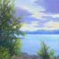 Photo of a pastel painting of Flathead Lake from Wayfarers Park in Bigfork.