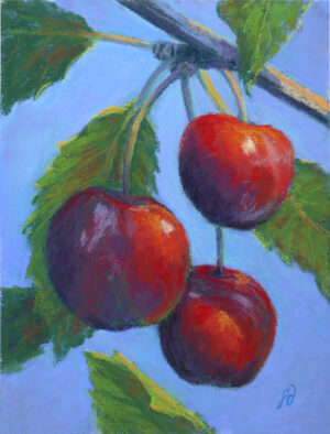 Photo of a pastel painting of Flathead Lake cherries.