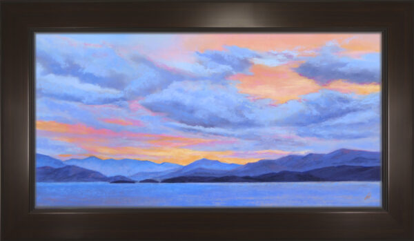 Photo of a pastel painting of a sunset over Big Arm on Flathead Lake with frame.