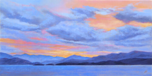 Photo of a painting of a sunset over Big Arm on Flathead Lake.