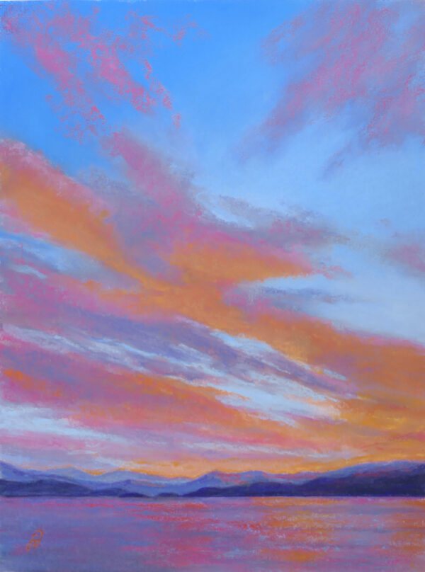 Photo of a pastel painting of a sunset over Flathead Lake.