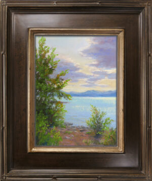Photo of a pastel painting of Flathead Lake from Wayfarer's Park in Bigfork with frame.