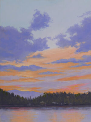 Photo of a pastel painting of a sunset over Woods Bay in Bigfork, Montana