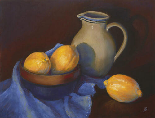 Pastel painting of lemons and a clay vase.
