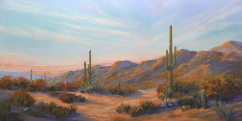 Pastel painting of a desert scene at sunset.