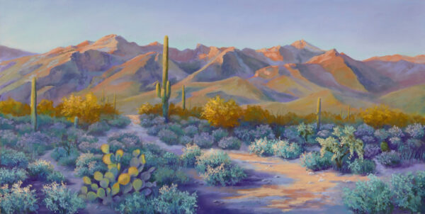 A pastel painting of a path in the desert landscape of Sabino Canyon in Tucson.