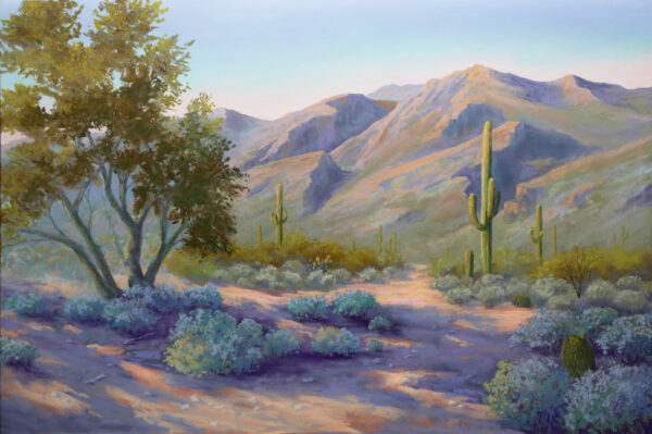 A pastel painting of the desert landscape of Sabino Canyon in Tucson.
