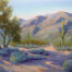 A pastel painting of the desert landscape of Sabino Canyon in Tucson.