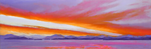 A pastel painting of a colorful sunset over Flathead Lake.