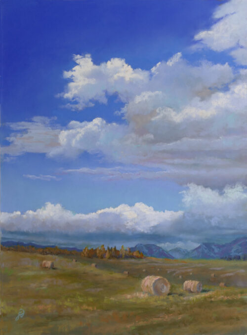 Pastel painting of hay rolls in a field.