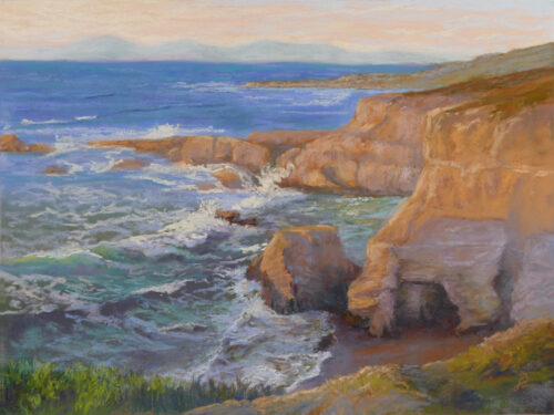 Pastel painting of the Montaño de Oro cliffs.